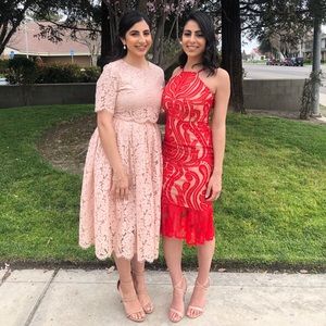 red lace frill hem midi dress